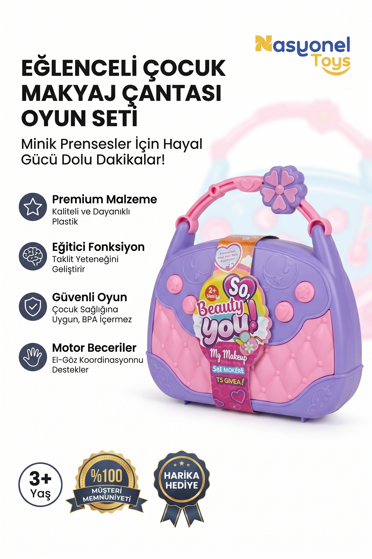 NASYONEL TOYS Çocuklar İçin Eğlenceli Mor Pembe Makyaj Çantası
