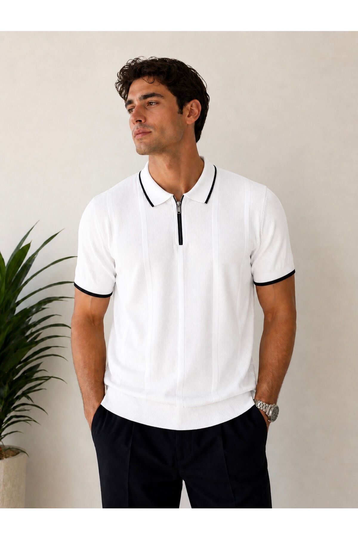 STF MODA Men's Polo Neck Zipper T-Shirt