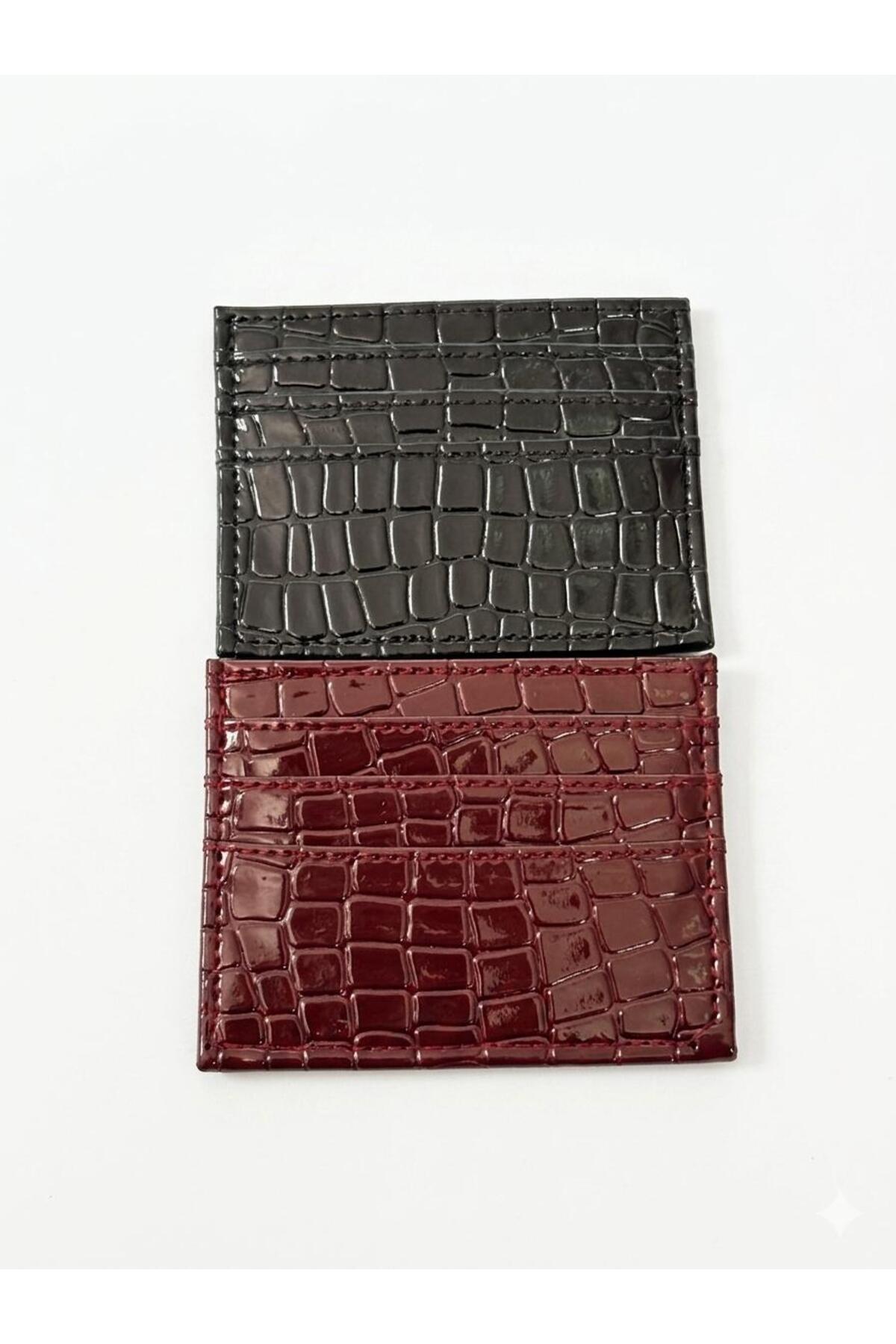 bijoux uniques parlak deri bordo&siyah kadın kartlık cüzdan görsel 2
