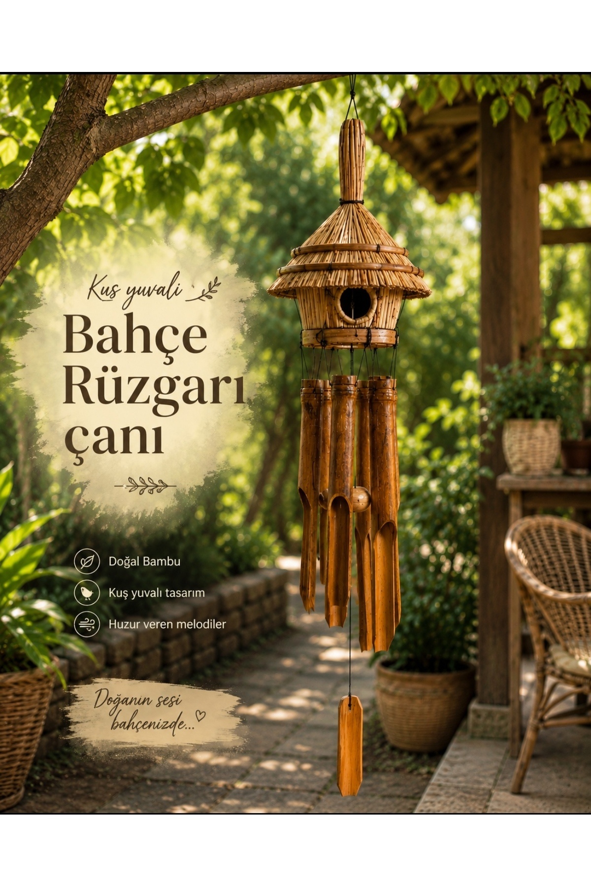 Bird's Nest Bamboo,Wicker Wind Bell Natural Decorative Garden Balcony Wind Bell