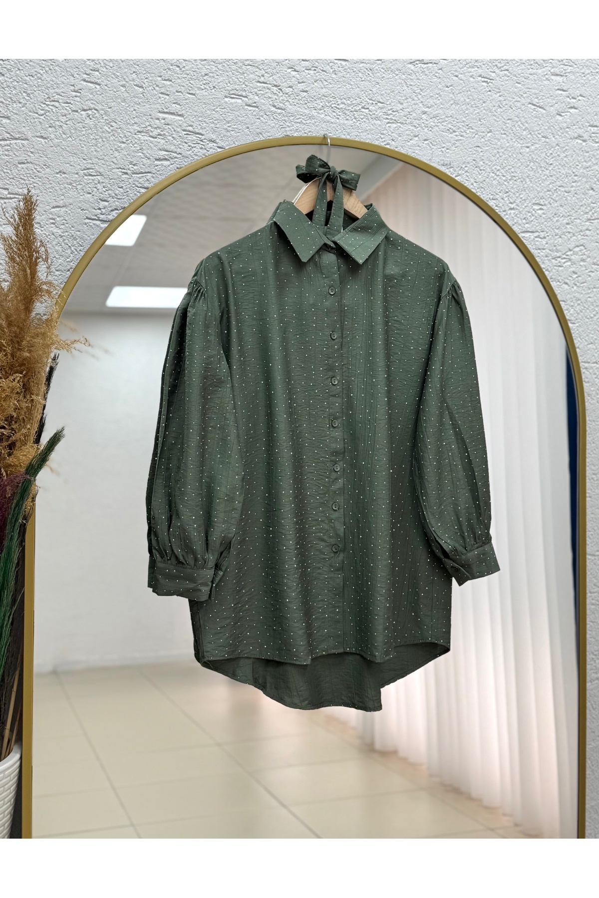 Nihan Full Stone Shirred Strawberry Shirt-NA846 Khaki
