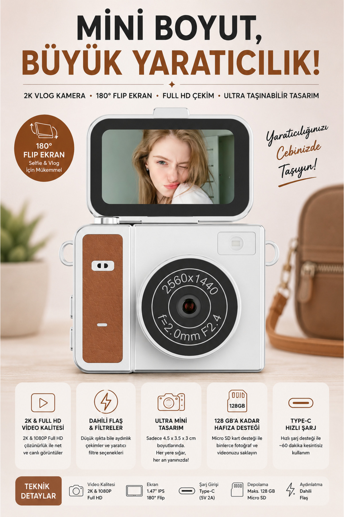 ROBEVE Mini Dijital Fotoğraf Makinesi 2K Full HD – 180° Dönebilen Ekranlı Vlog Kamerası | Taşınabilir Selfie & Video Çekim Fotoğraf Makinesi Vlog Fotoğraf Makinesi Dijital Kamera