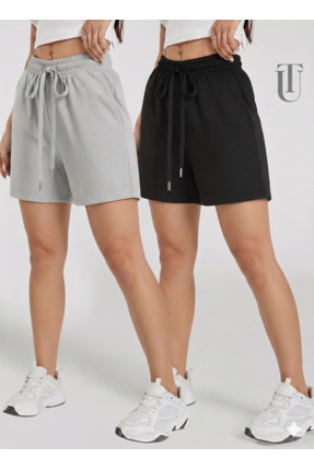 yx yustex sport 2'li Şort Kadın (Siyah-Gri) Basic Yazlık Şort Seti - Diz Üstü...