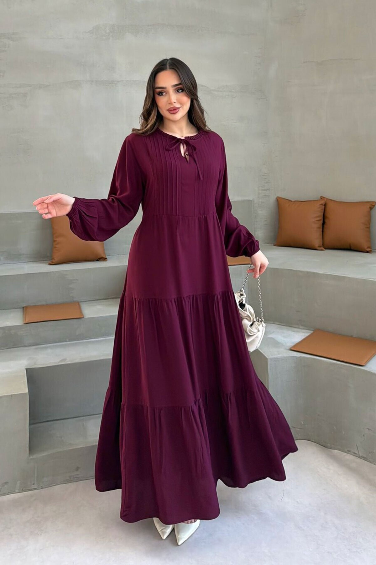 bacc Burgundy Layered Ruffled Ribbed Hijab Dress