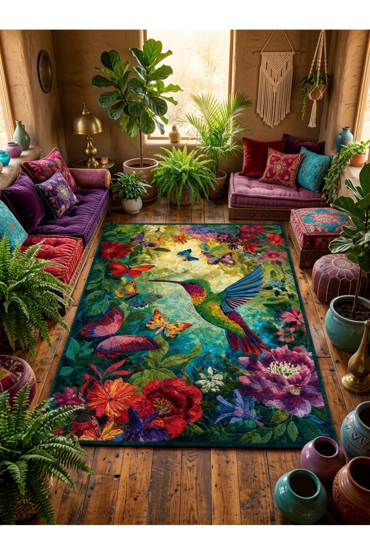 SDT Exotic Nature Themed Hummingbird Pattern Colorful Woven Base Decorative Carpet sdt1300