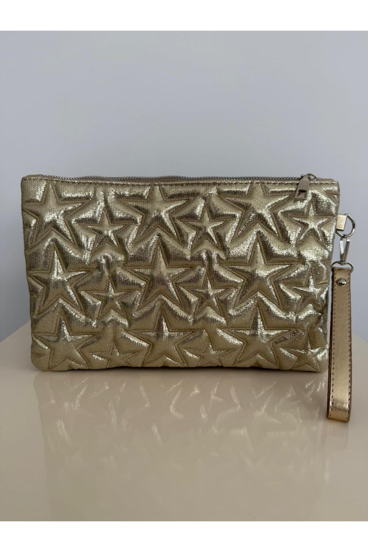 melecco Yıldız Dikişli Clutch Star Kadın Çanta Simli Gold Yıldız Desenli Gold Parlak Portföy & Clutch Çanta Çıkarılabilir Bileklik Askılı görsel 2