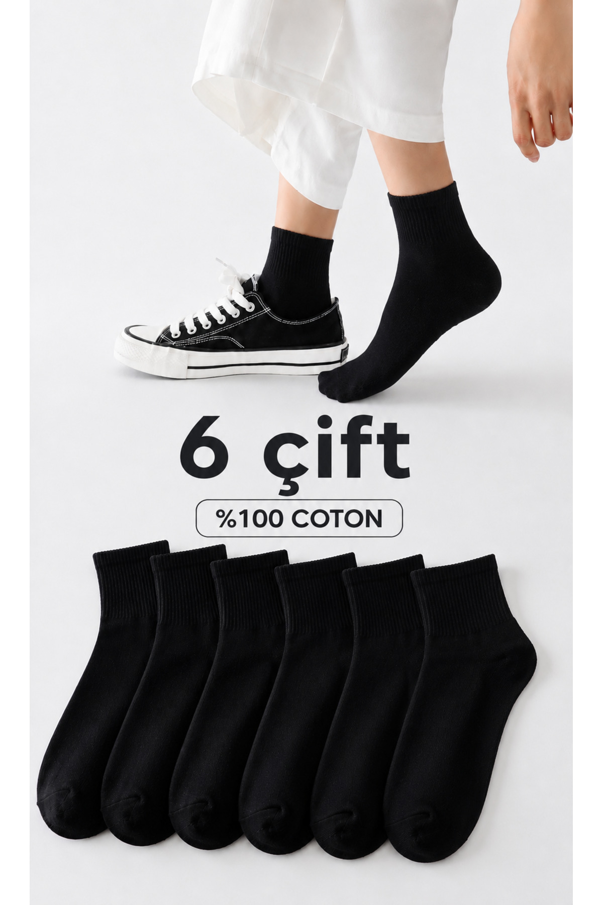 Bilal Çınar Tekstil 100% Pamuk Unisex Yarım Konç Spor Çorap 6 Çift Yazlık Siyah Çorap