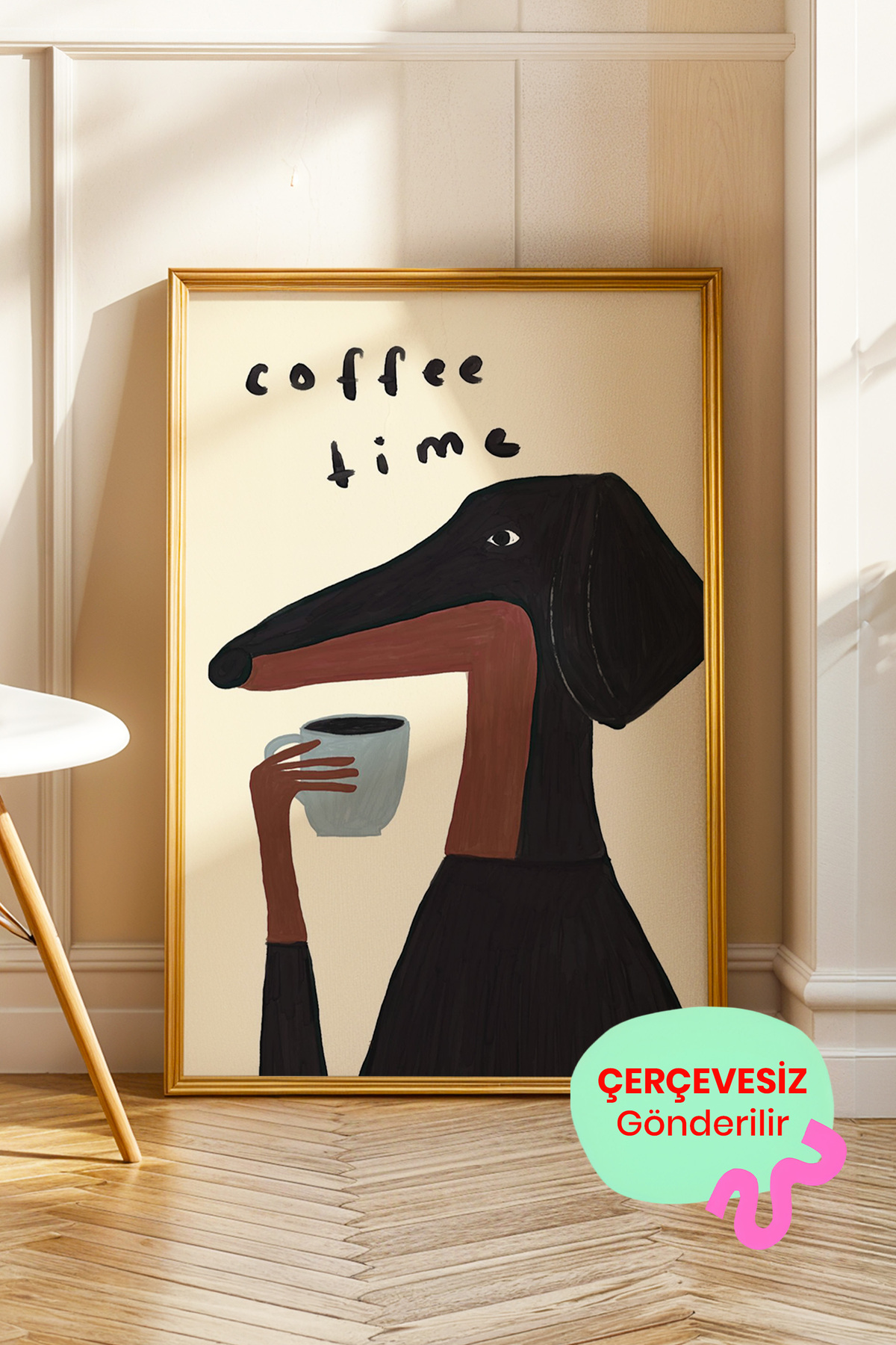 Kahve ve Köpek Poster Mizahi Modern Tablo Duvar Dekoru Çerçevesiz