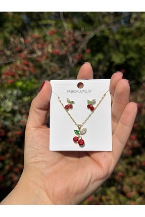 Roha Kırmızı Kristal Taşlı Kiraz Kolye/Küpe Seti