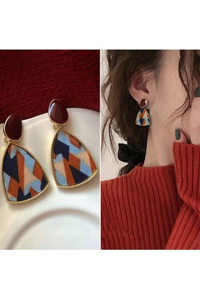 Glamluxe Kadın Bordo Mineli Geometrik Desenli Sallantılı Küpe Bohem Tasarım Ş...