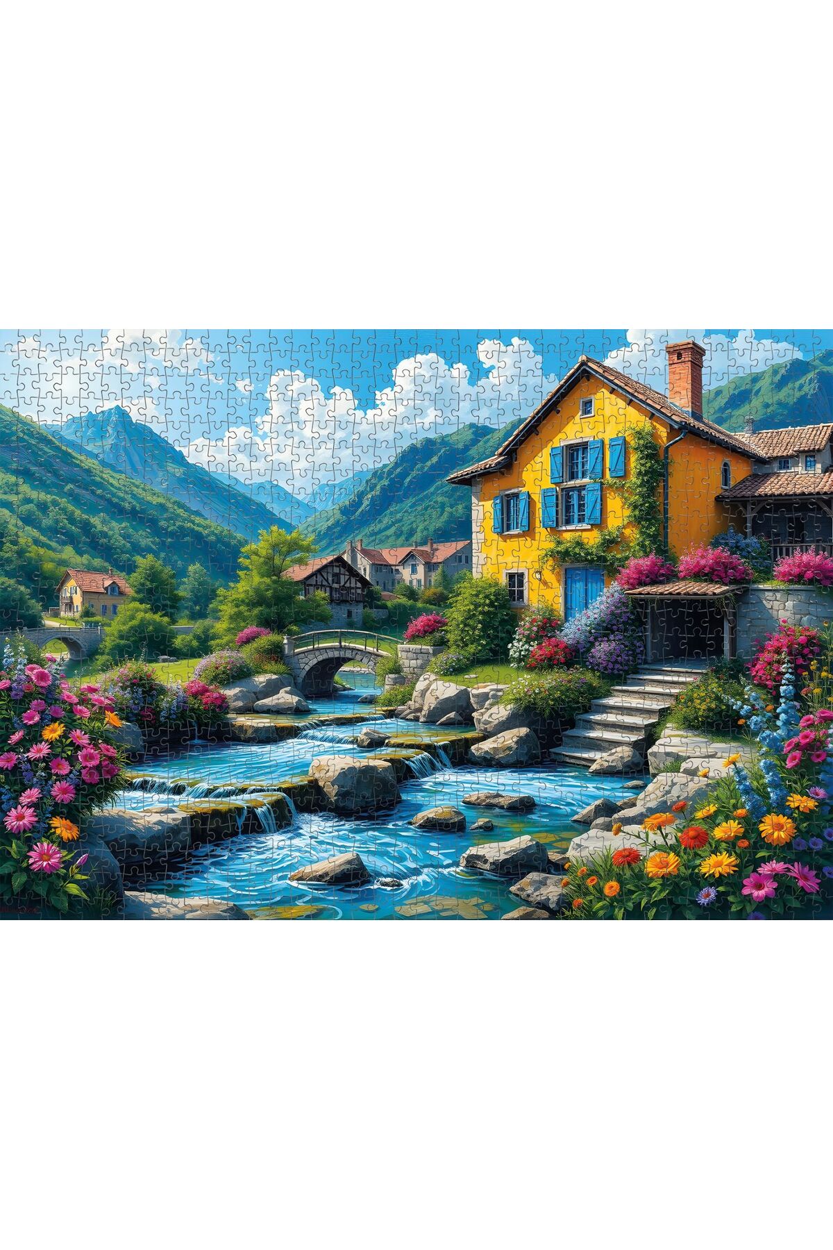 Nova Puzzle 1000 Parçalı Dağların Gölgesinde Sarı Ev Puzzle/Yapboz