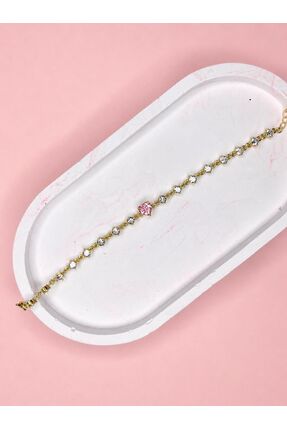FİLORA Çelik Gold Zirkon Taşlı Pembe Kalp Bileklik
