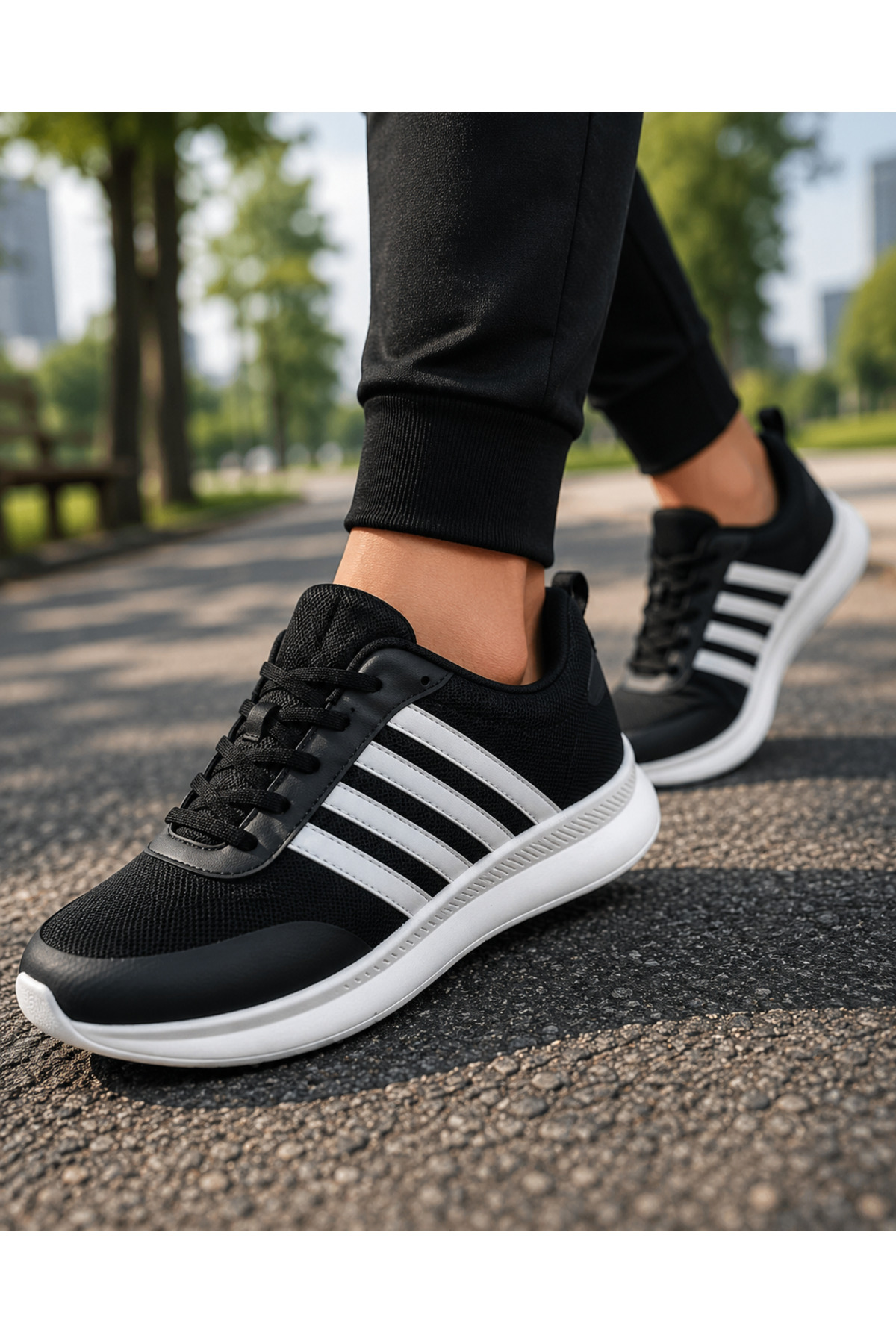 Walking Sneaker Beyaz Çizgili Beyaz Taban bağcıklı Erkek Spor Ayakkabı — مشکی YS00017 — تصویر 3 از 4
