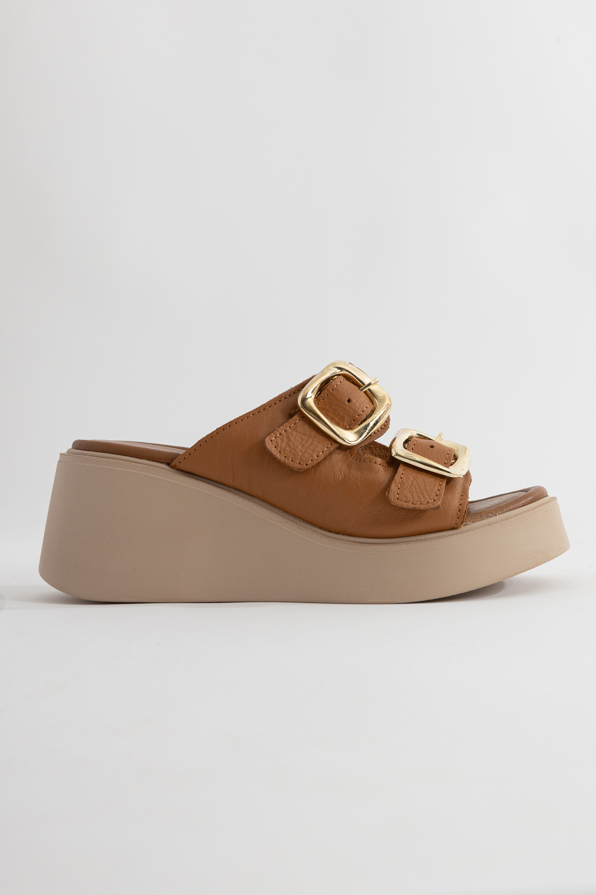 Rana Women's Tan Real Leather Buckle Slippers