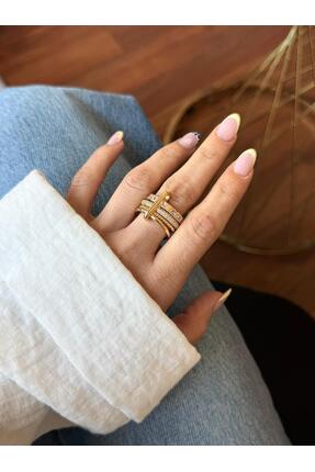 ANKA JEWELLRY GOLD ZİRKON TAŞ DETAYLI ÇOKLU AYRILABİLİR ÇELİK KADIN YÜZÜK