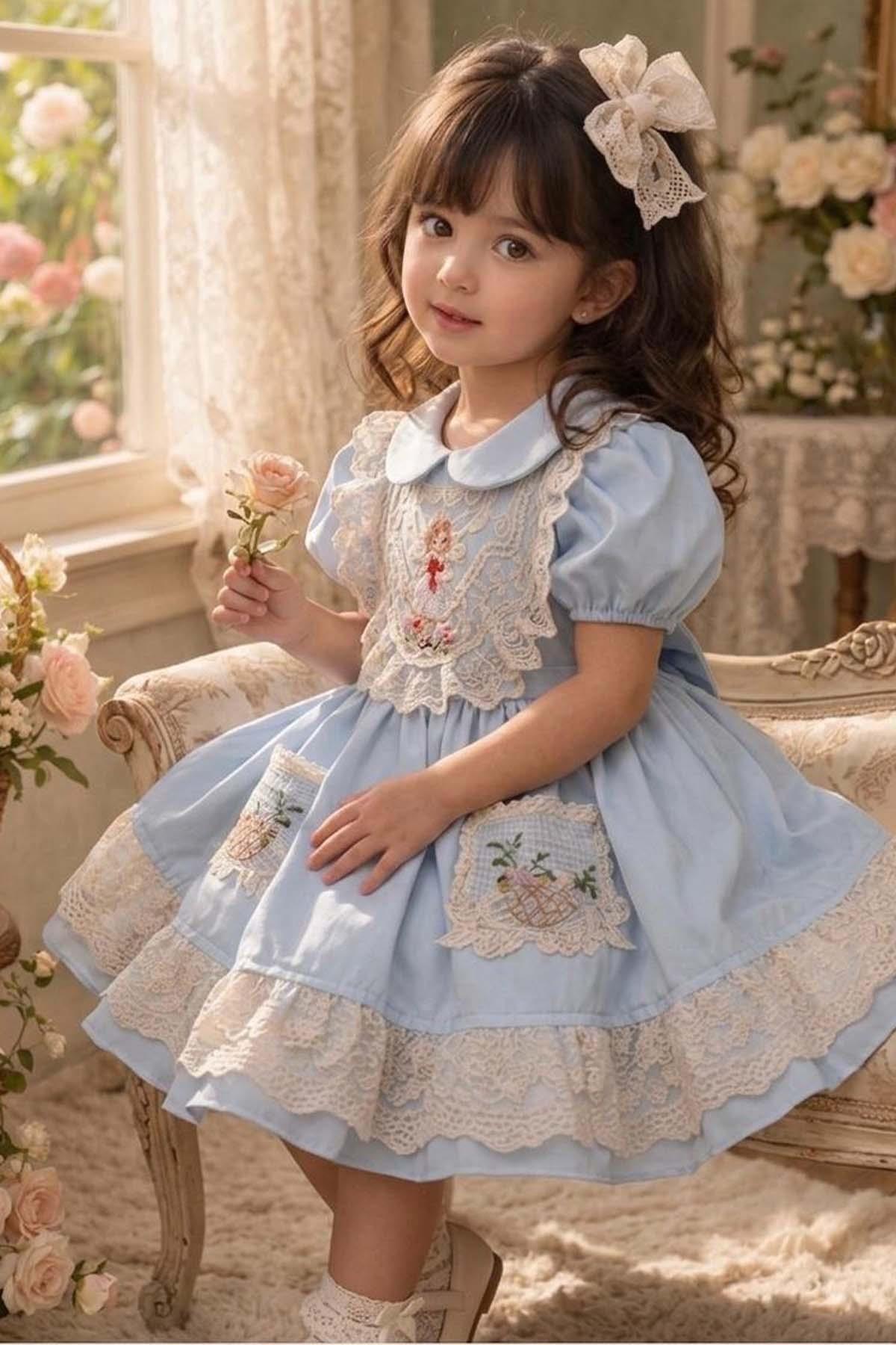 Riccotarz Kız Çocuk Bebe Yakalı Etek Ucu ve Göğsü Dantel Örgü