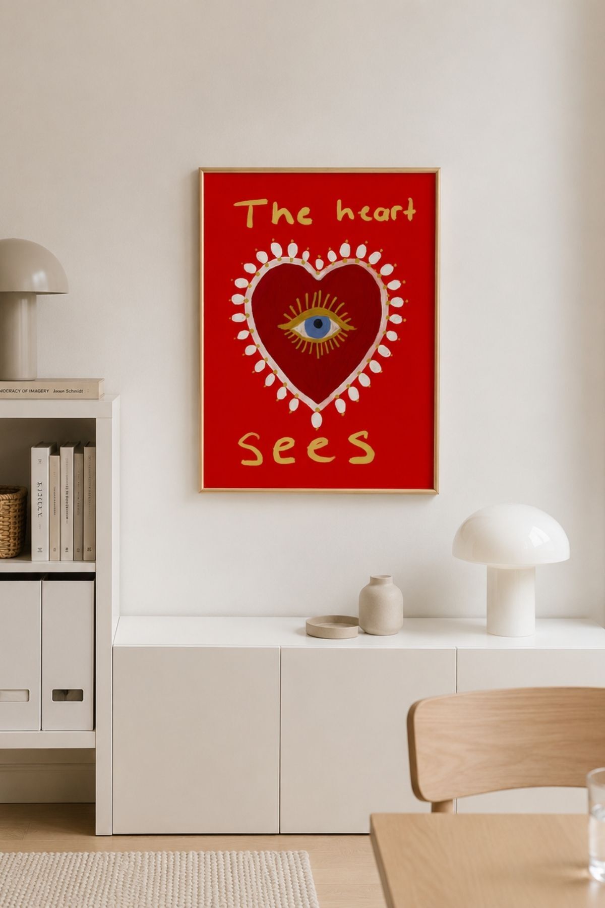 Gözlü Kalp Poster Kırmızı Modern Duvar Dekoru Çerçevesiz