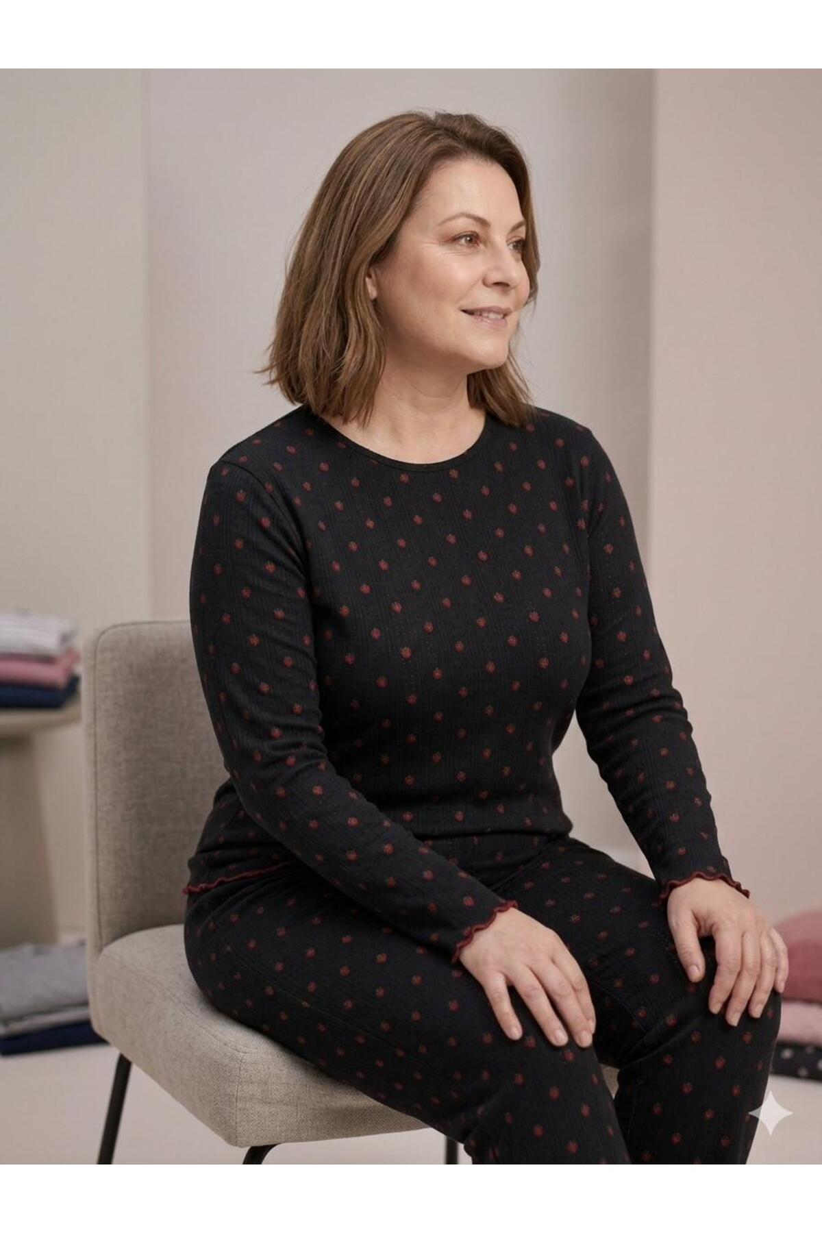 fameshomewear Yazlık Örme Kalp Desenli Siyah Kol Büyük Beden Pudra Pijama Takım görsel 2