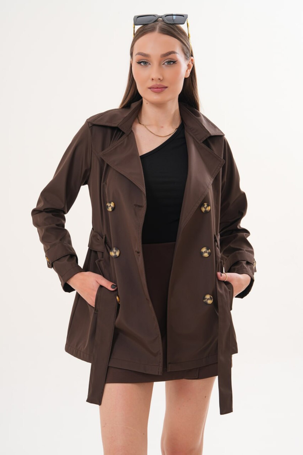 soi fashion Düğme Kapamalı Kuşaklı Trençkot