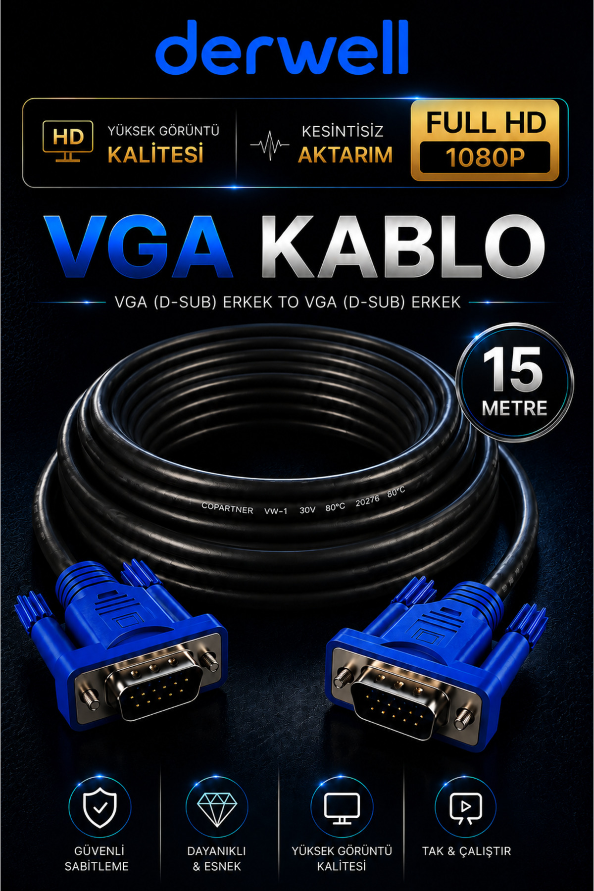 15 Metre VGA Kablo Full HD 1080P Kesintisiz Aktarım D-Sub Erkek To Erkek Altın Uçlu Dayanıklı Monitör Projeksiyon Bilgisayar Ekran Görüntü Aktarıcı Kablosu Çift Vidalı Güvenli Sabitleme