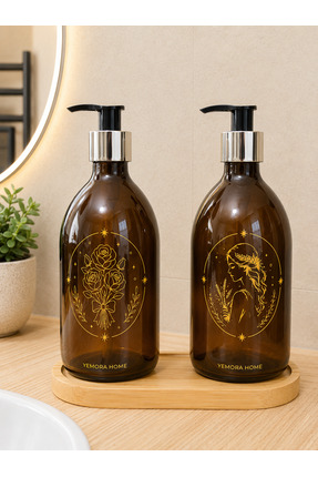 Yemora Home Madam & Çiçekleri Gold Dekoratif Cam Sıvı Sabunluk, 2'li Bambu St...