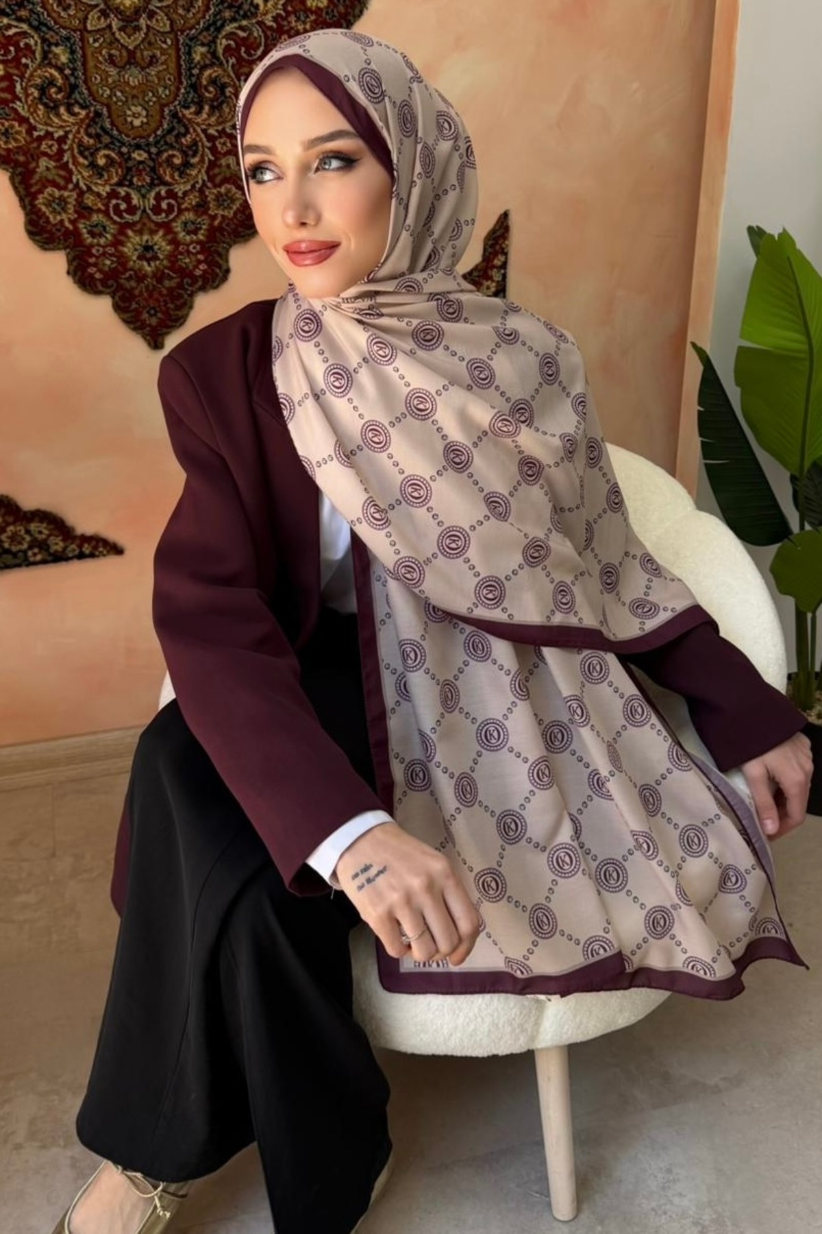 İmajButik Mürdüm Monogram Desenli Soft Şal