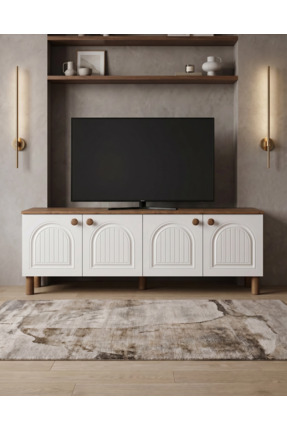 Rivon Mobilya Modern TV Ünitesi Beyaz Lake MDF Kapaklı Ahşap Üst Tablalı 4 Ka...