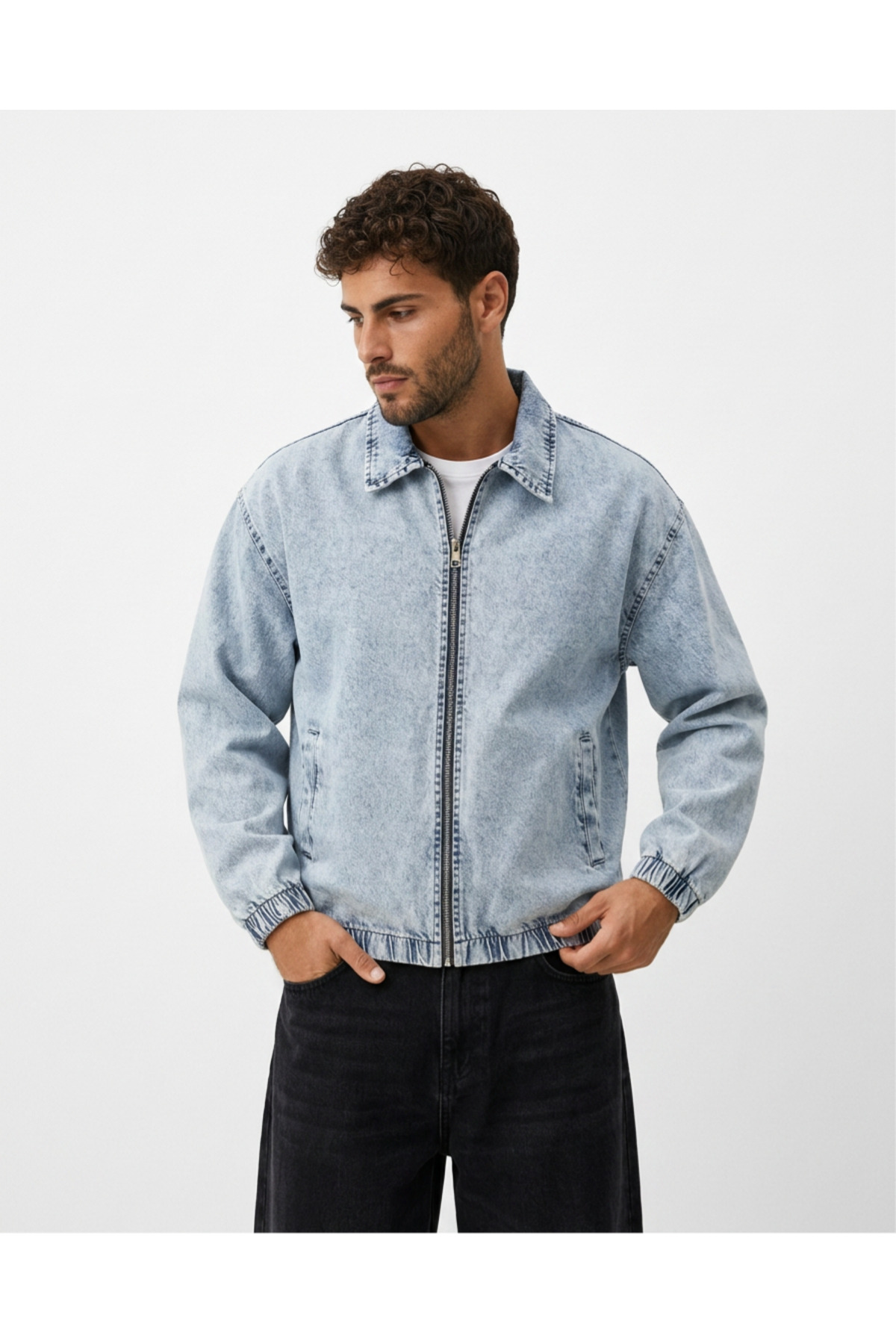 maroni Erkek Oversize Bomber Ceket Fermuarlı Basic Günlük Şık Kot Ceket görsel 5