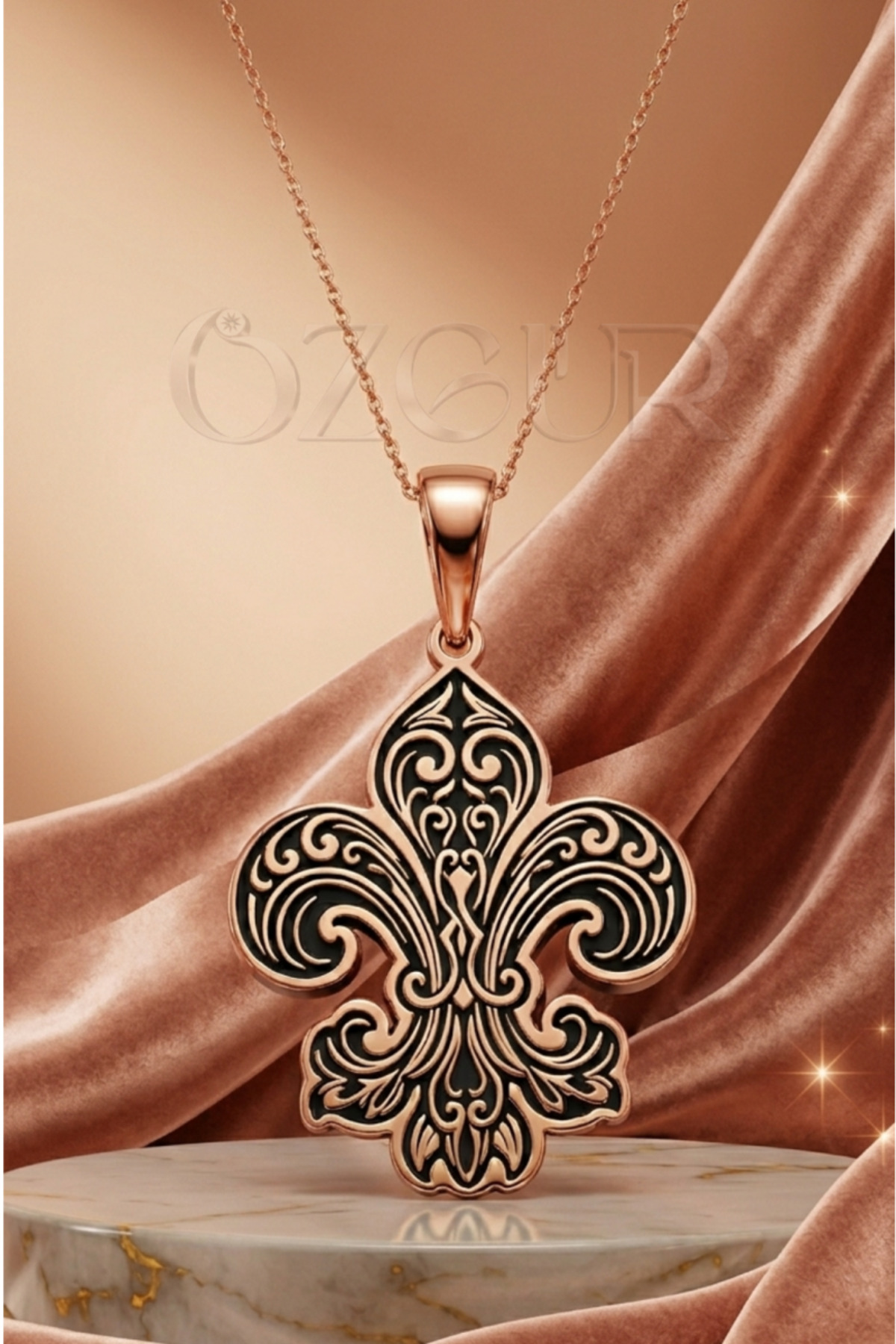 925 Ayar Gümüş Fleur De Lis Zambak Kolye - Rose / 40 cm