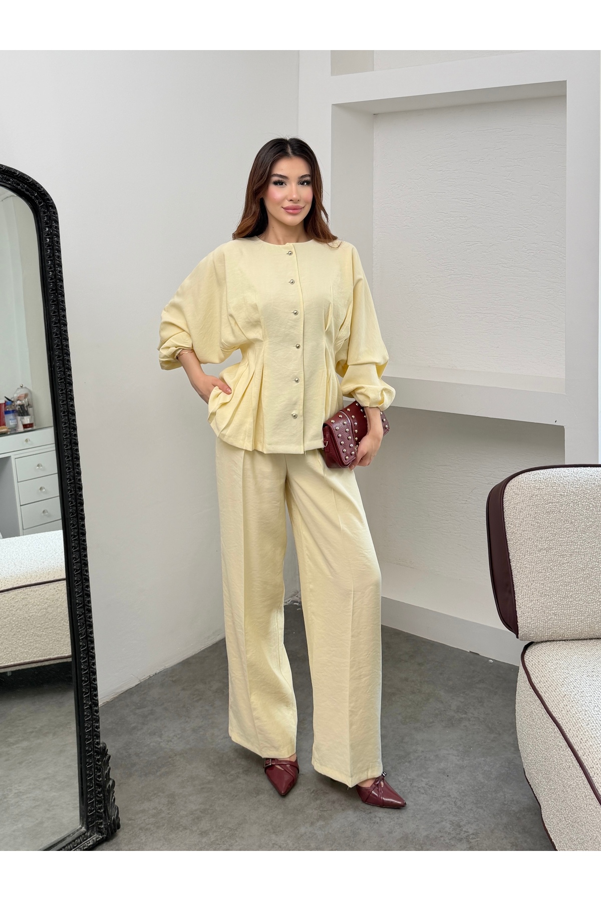 MiraMore Butik Women’s Elastic Waist Buttoned Suit Pants Blouse Set