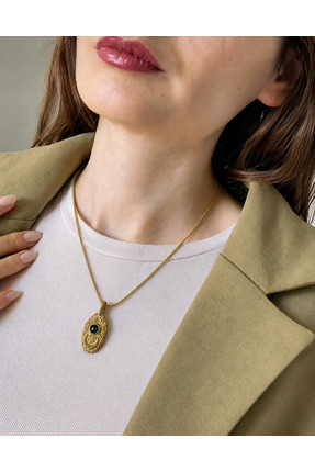 MARCİELO Accessories Çelik Kadın Kolye - Antik Desenli Minimal Madalyon Zinci...
