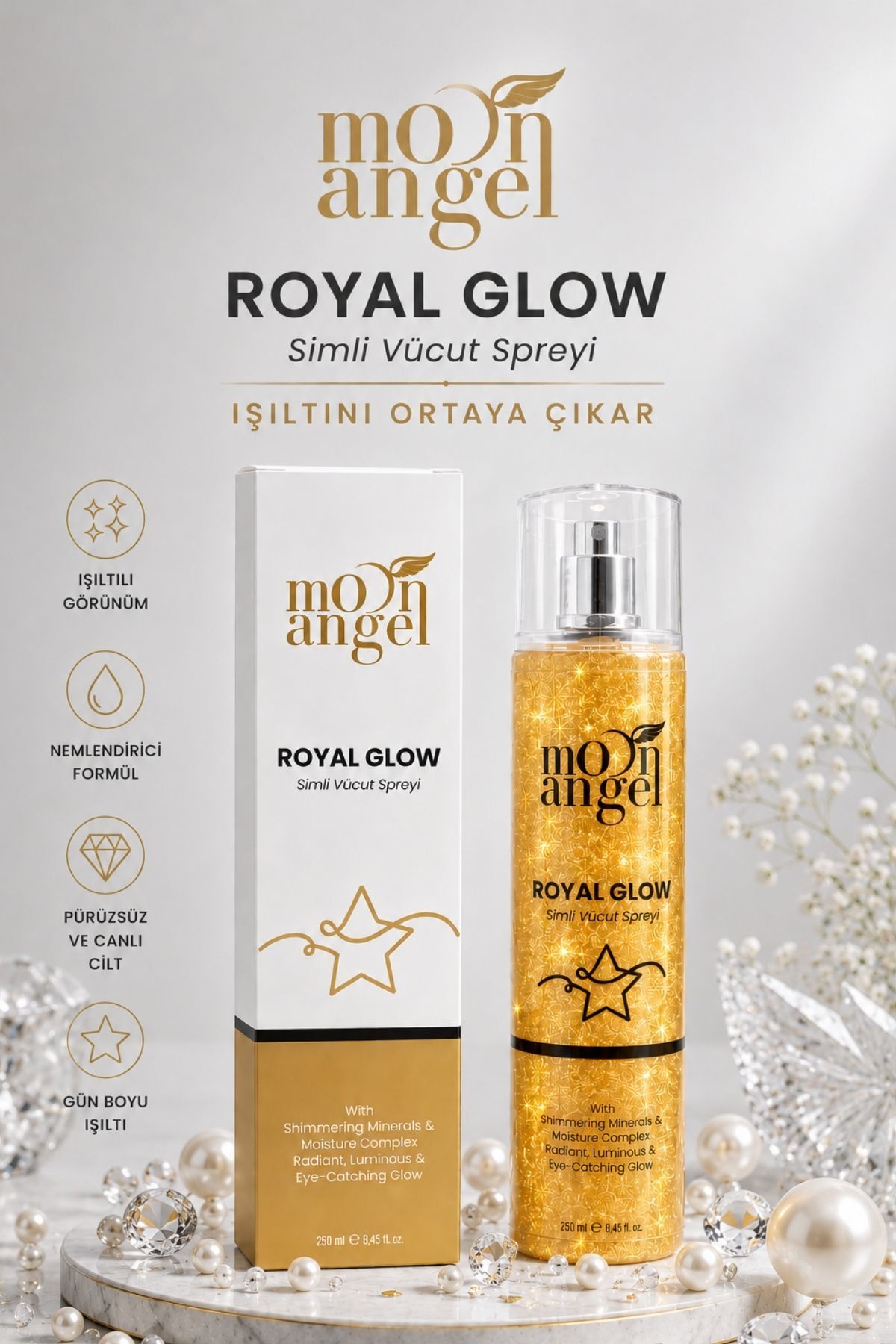 Royal Glow Simli Vücut Spreyi 250 ml Nemlendirici Işıltılı Body Mist — görsel 1