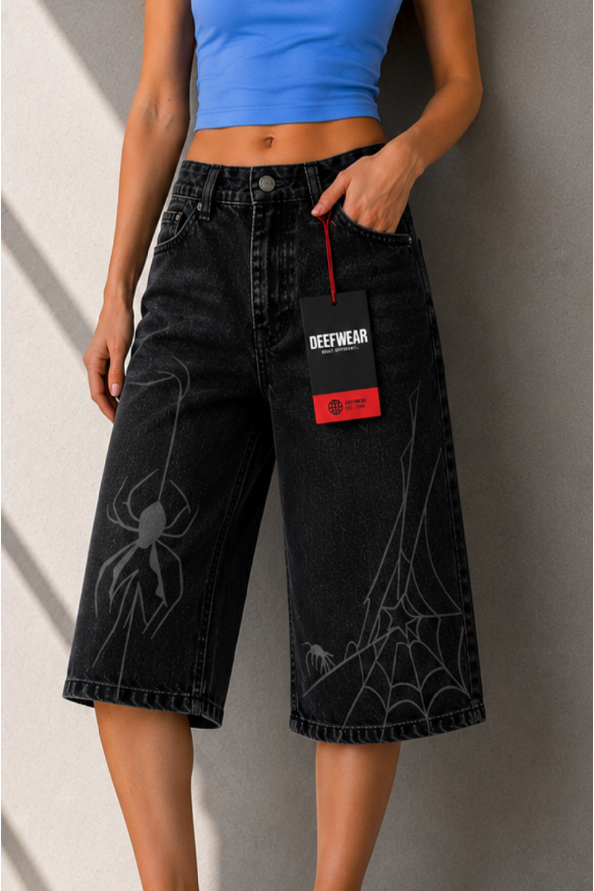DEEFWEAR Y2K Spider Printed Baggy Jean Shorts Bermuda/Shorts- Trendyol