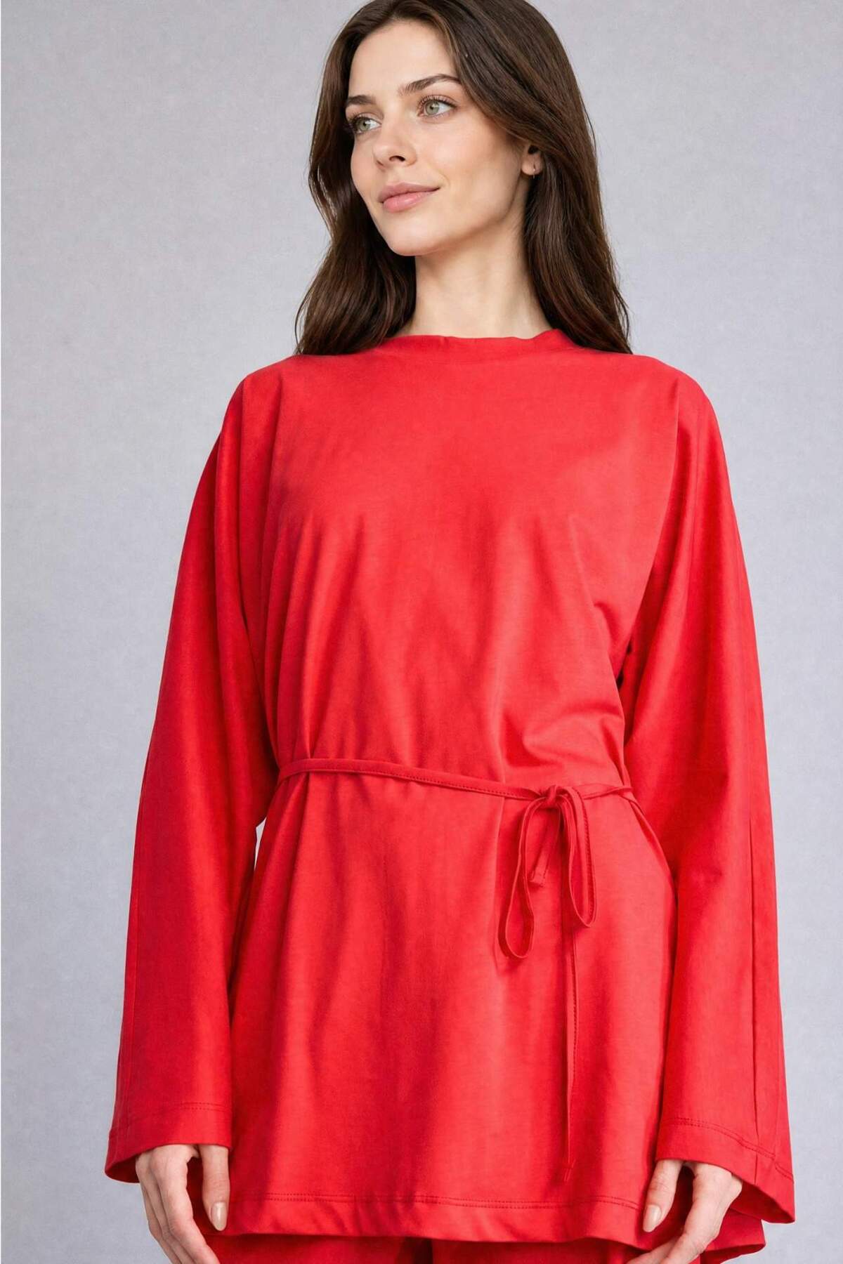 100% Cotton Round Neck Tie Down Long Sleeve Red Tunic H3717AX26HS