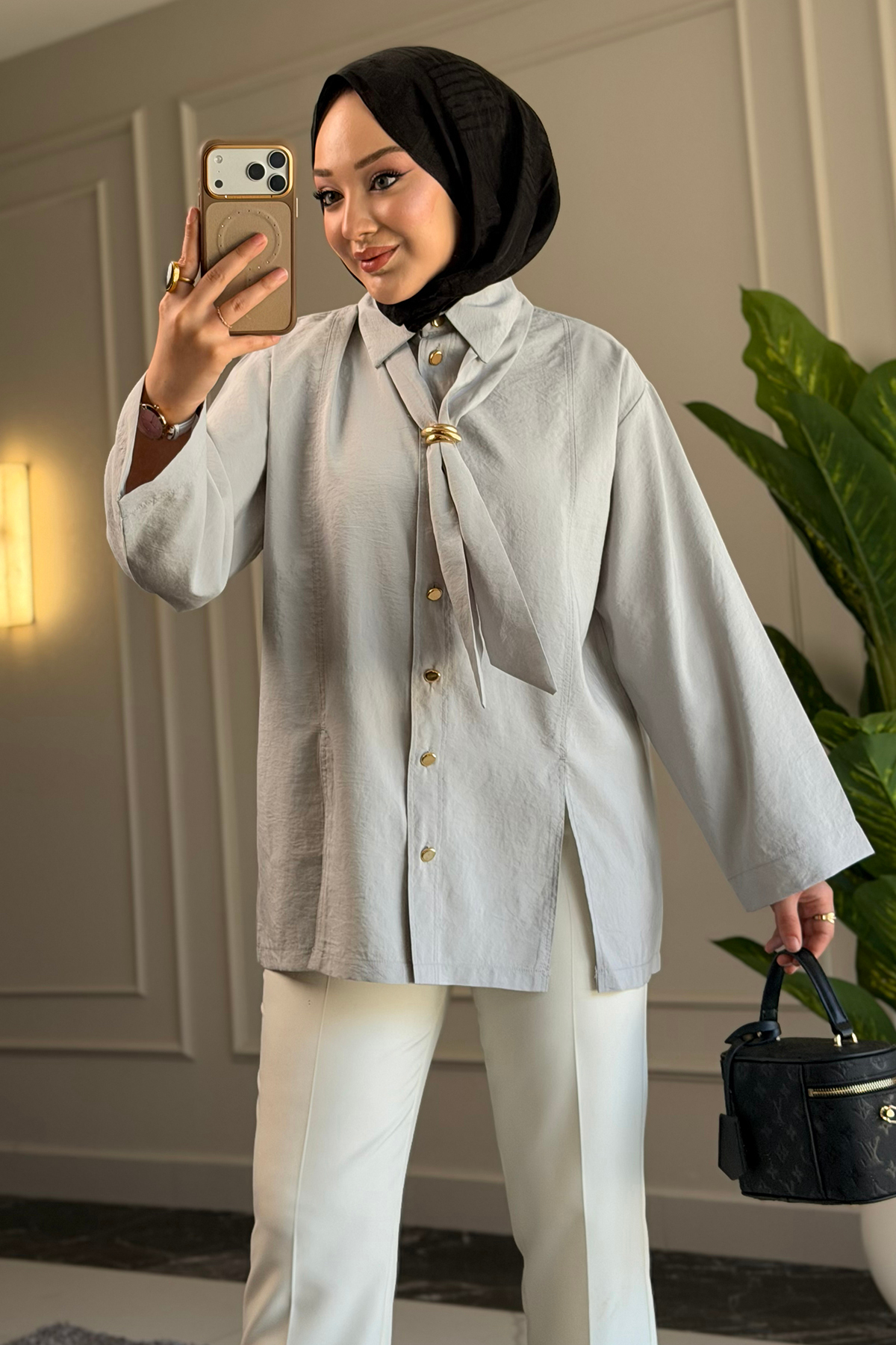 Suede Style  6463 - Şık Rahat Kravat Detaylı Dokuma Şeftali Kumaş Kadın Gömlek - Görsel 2
