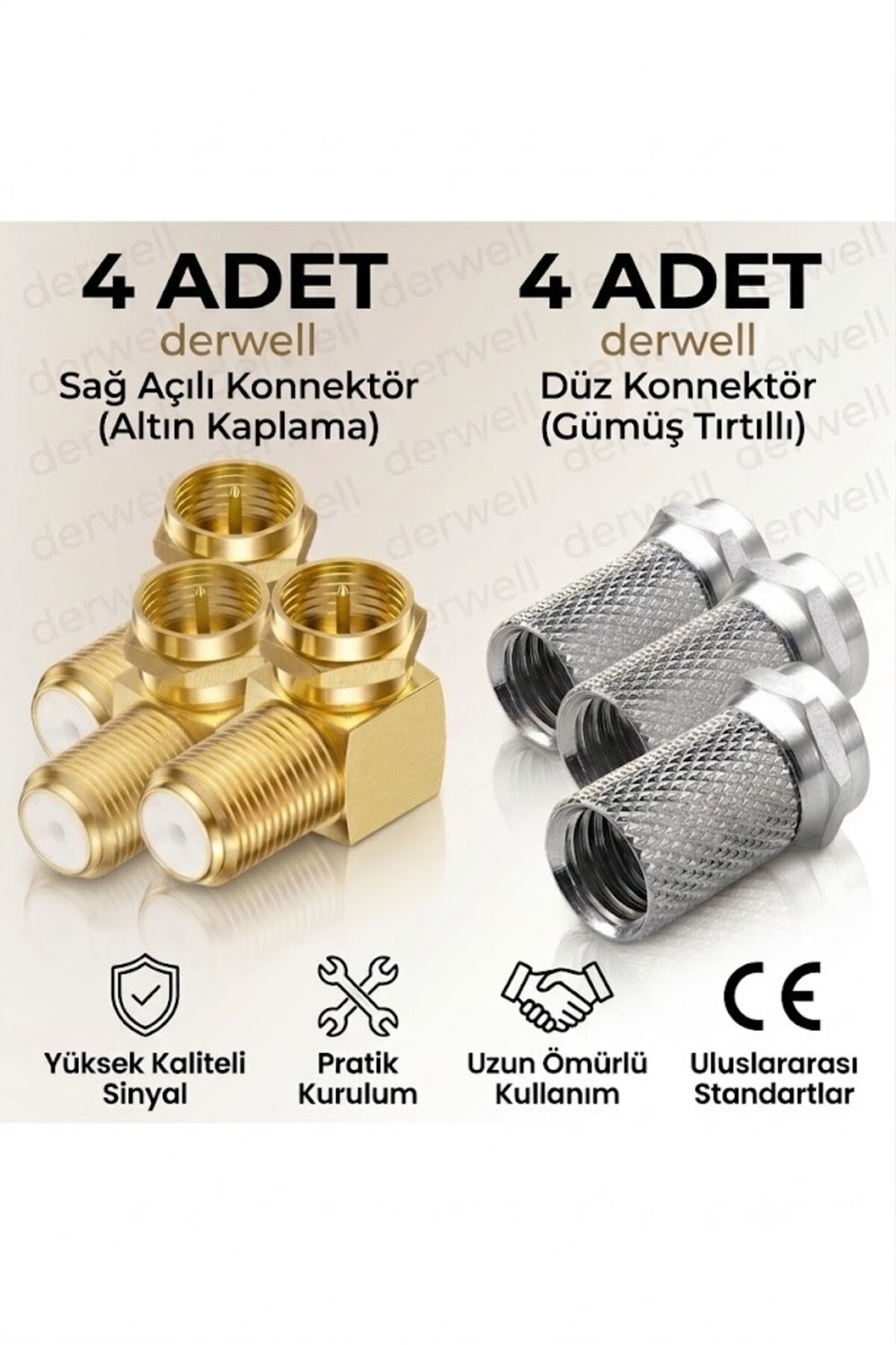2in1 Uydu Konnektör Seti: 4 Adet Altın Kaplama 90 Derece L Konnektör + 4 Adet Gümüş Tırtıklı F Konnektör - Yüksek Sinyal Kaliteli Vidalı Bağlantı Seti - Kolay Montaj - Uzun Ömürlü Dayanıklı Tasarım