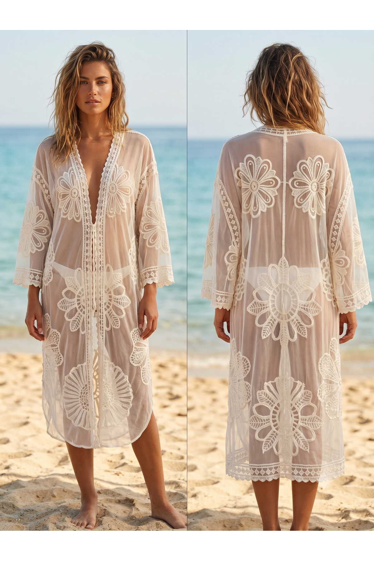 Beige Flower Embroidered Transparent Beach Kimono Women's Swimwear Top Pareo pareo07
