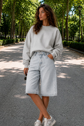 Denvy Denim Kadın Açık Kar Yıkama Baggy Capri Jean Pantolon
