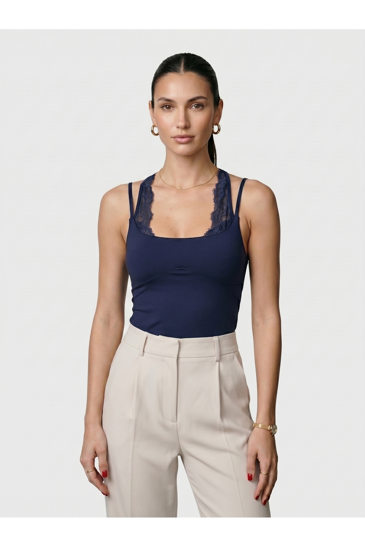 Kadın Dantel Yaka İnce Askılı Çıtçıtlı Body Slim Fit Dar Kalıp Likralı Bodysuit - Lacivert