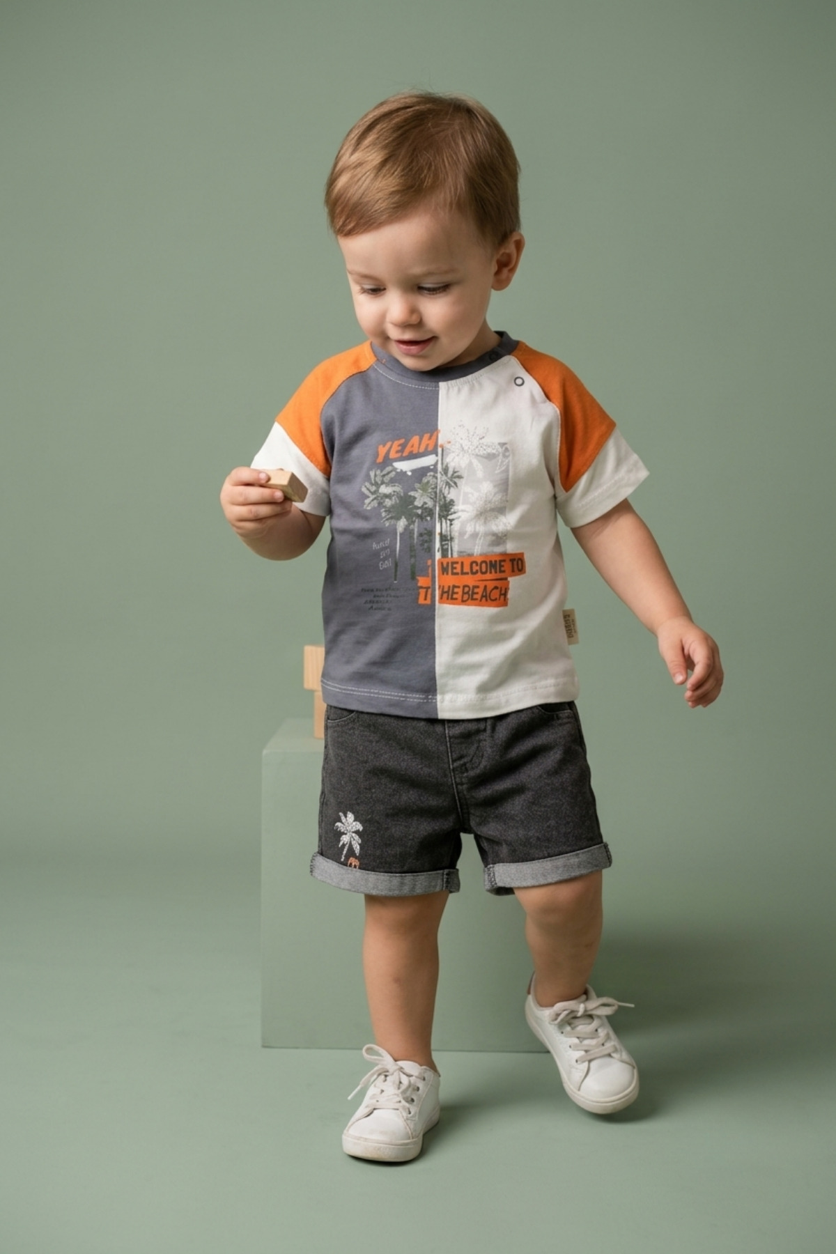zumino Baby Boy 2-Piece Set with Palm Tree Printed Denim Shorts