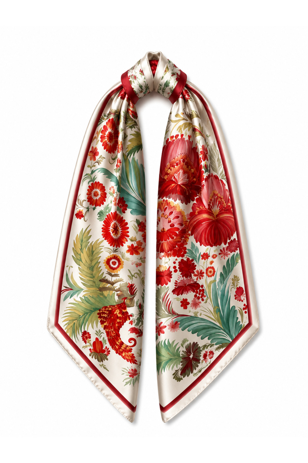 Flower Patterned Satin Scarf 50x50 cm Silky Soft Square Bandana Red Floral Women's Scarf