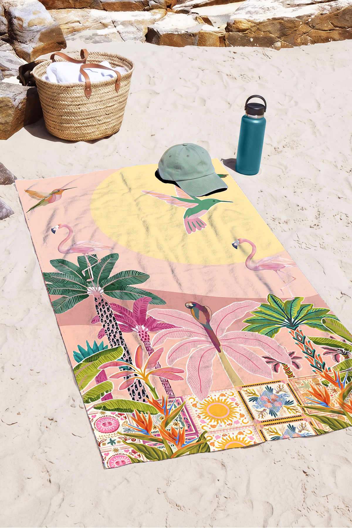 Tropical Flamingo Palm Beach Towel - Bohemian Pastel Fast Drying Microfiber Towel with Exotic Bird