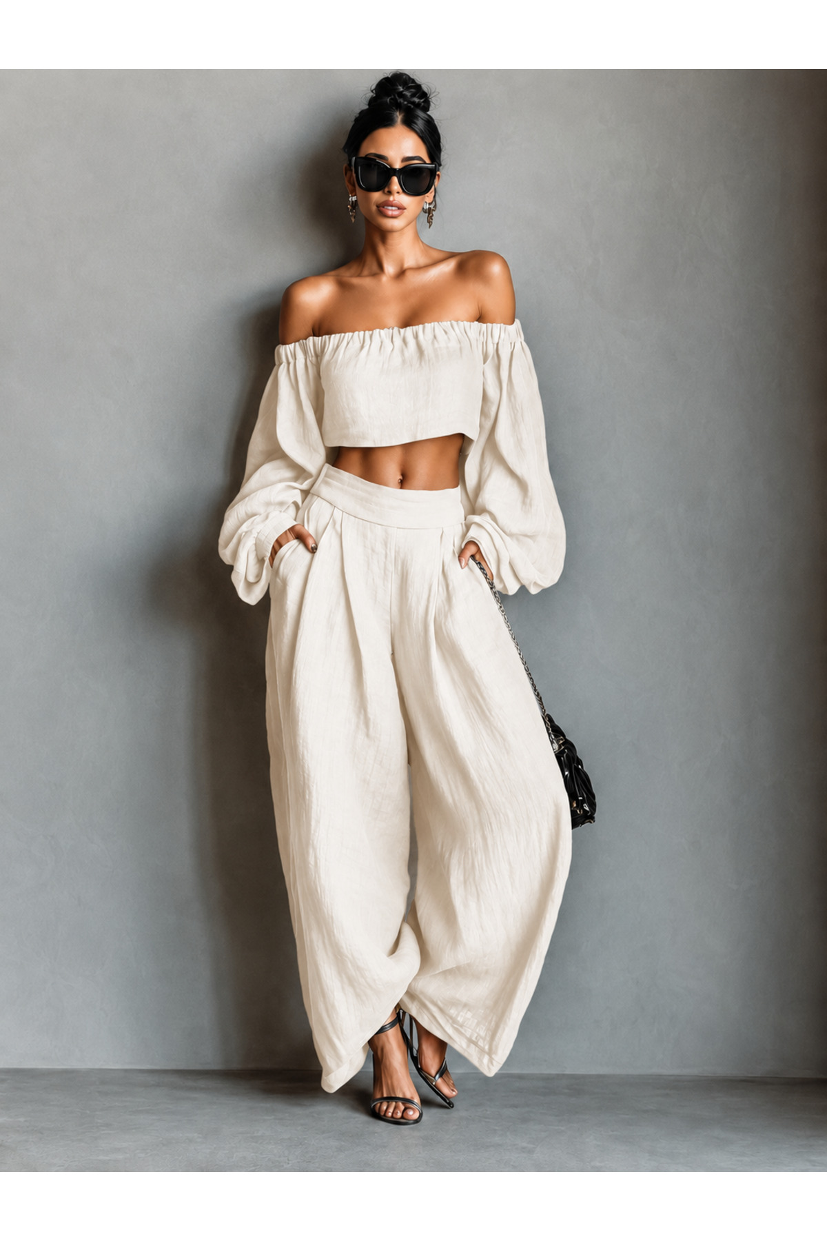 Afri Women's Ecru Madonna Collar Crop Blouse and Shalwar Cut Loose Pants Two-Piece Set