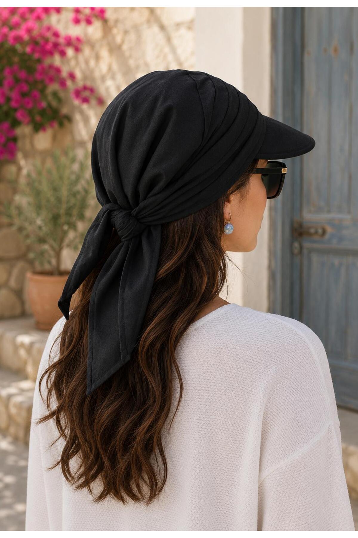 Wearflawless Siyah Kadın Safari Bağlamalı Siperli Bandana Şapka, Yazlık Güneşlik Şapka Plaj Deniz Vizör Şapka görsel 2