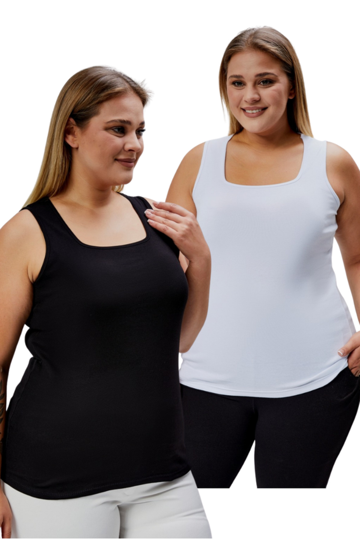 Plus Size Sleeveless Thick Strap 100% Cotton Combed Cotton Square Neck Sports Casual 2pcs Black White Blouse Singlet