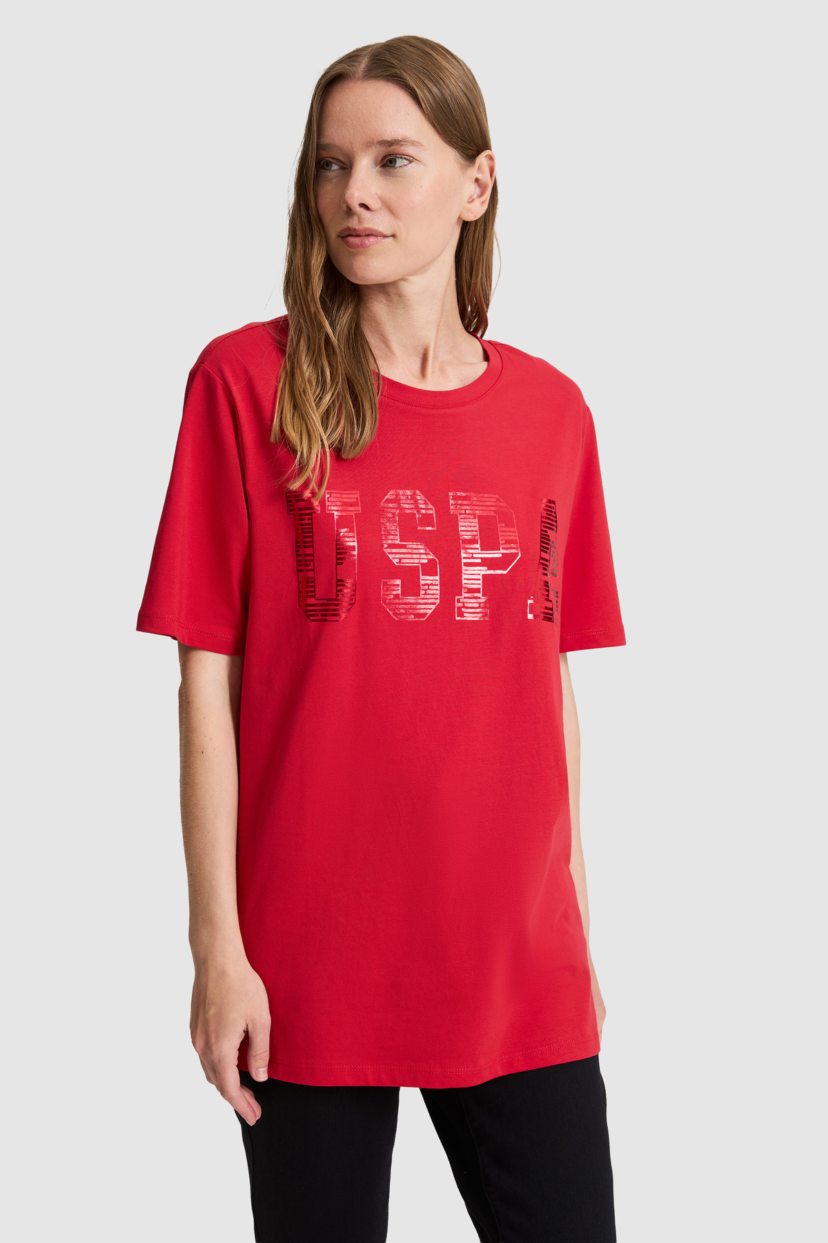 U.S. Polo Assn.  Kadın Kırmızı Bisiklet Yaka Basic Tişört 50321690-VR171 - Görsel 3