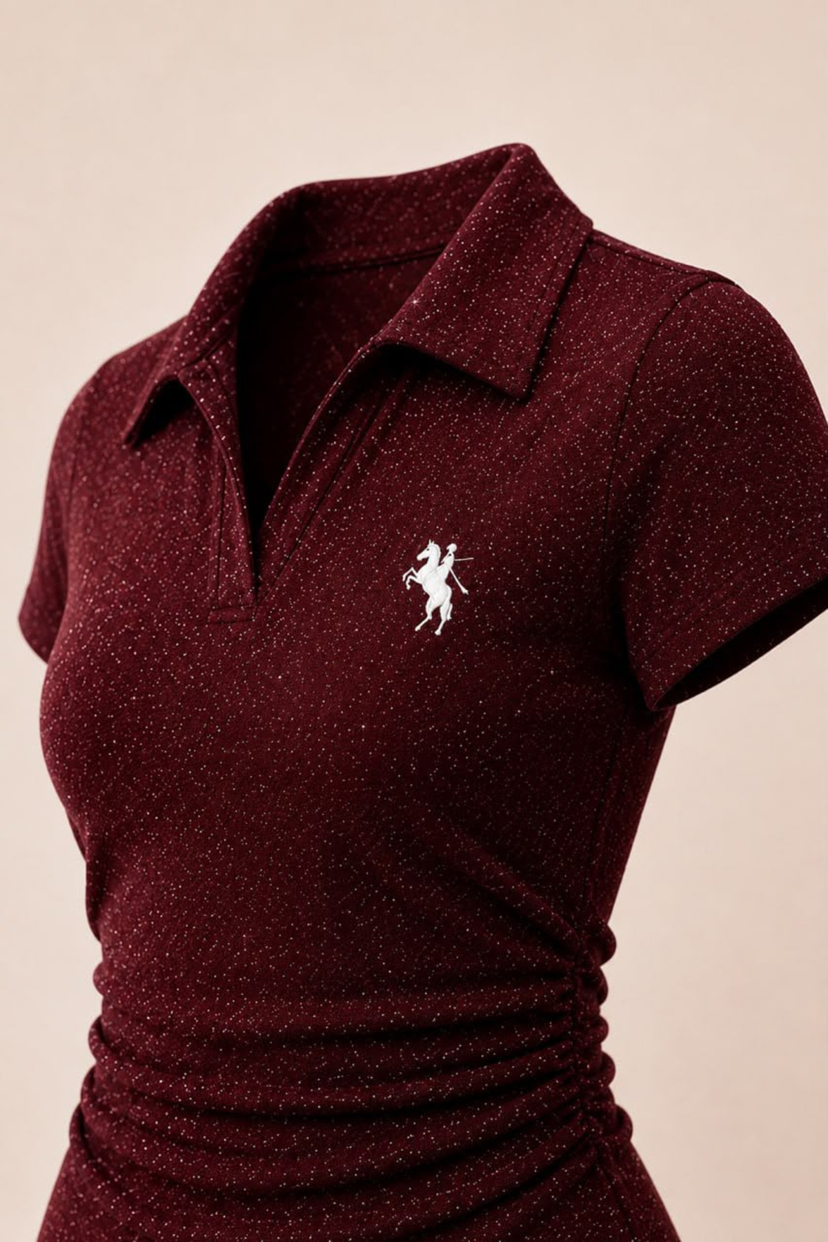 Violon  Bordo Simli Polo Yaka Büzgülü Bluz - Görsel 2
