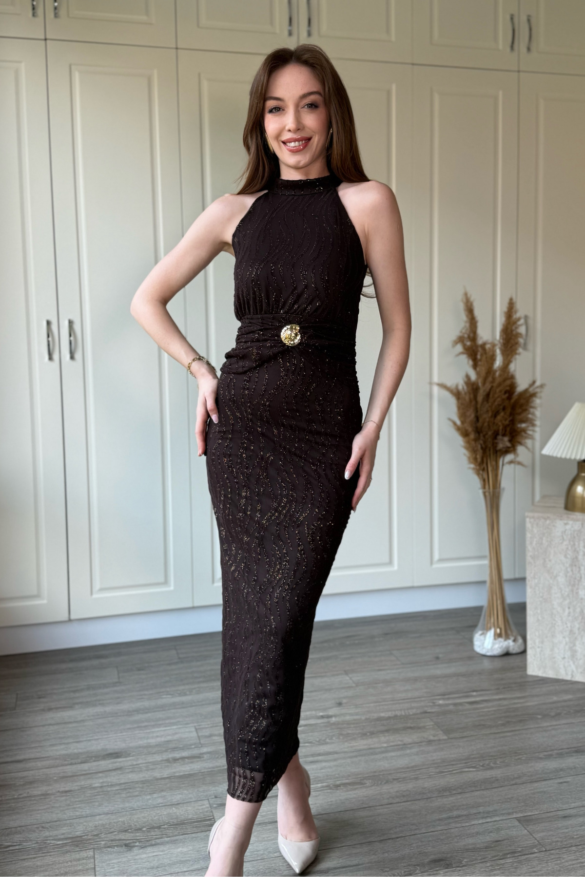 Halter Neck Glitter Midi Brown Dress with Waist Accessory Detail