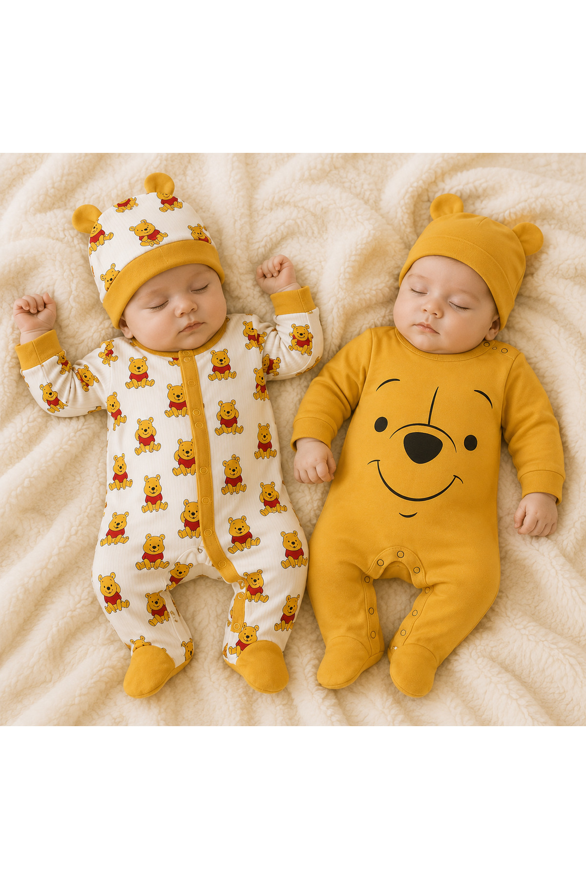 Winnie The Pooh Baskılı 2'li Bebek Tulum Seti Şapkalı