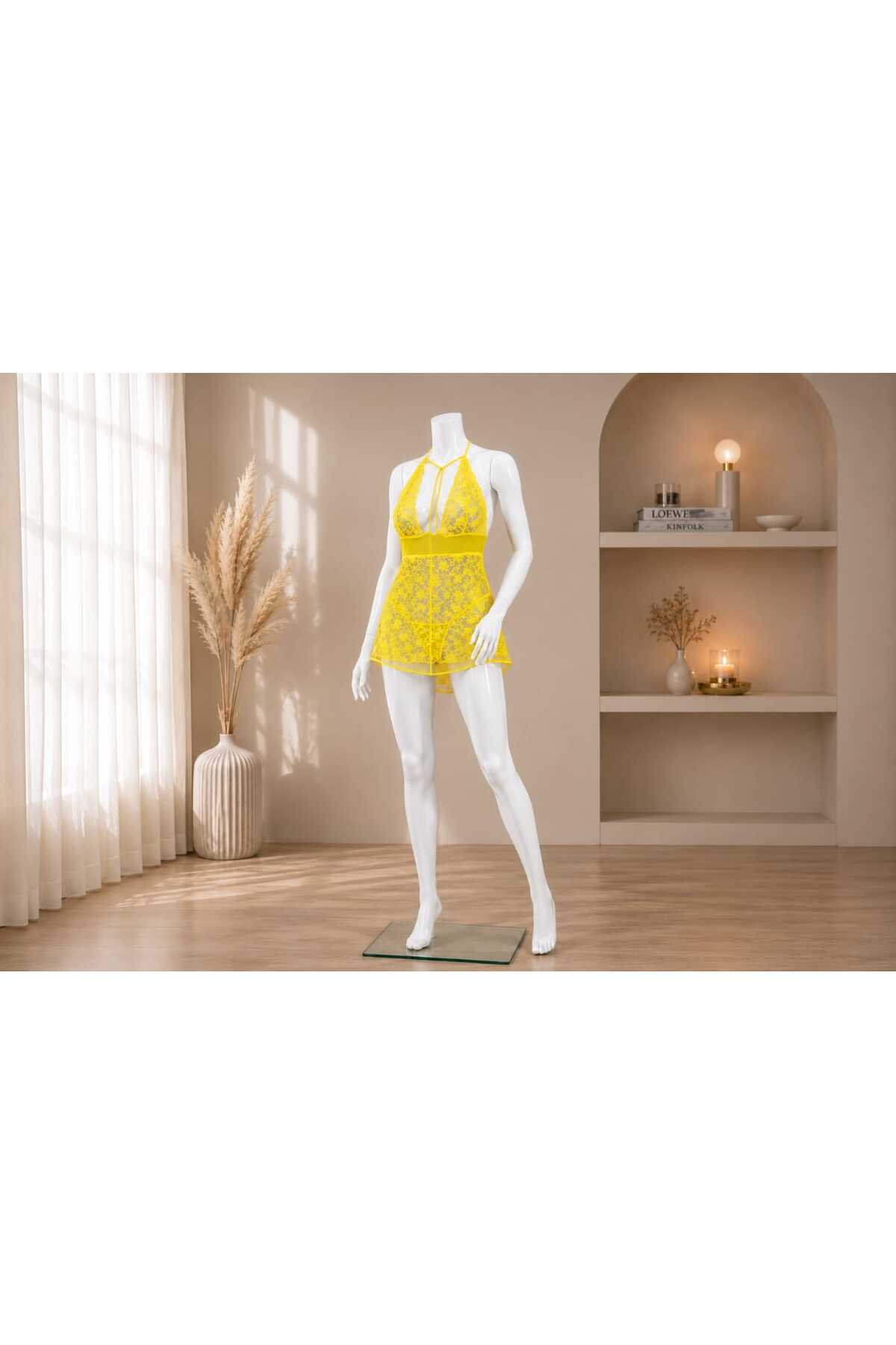 Yuna Fashion ^Komple Dantel Boyundan Bağlamalı Kadın Kısa Tül Gecelik